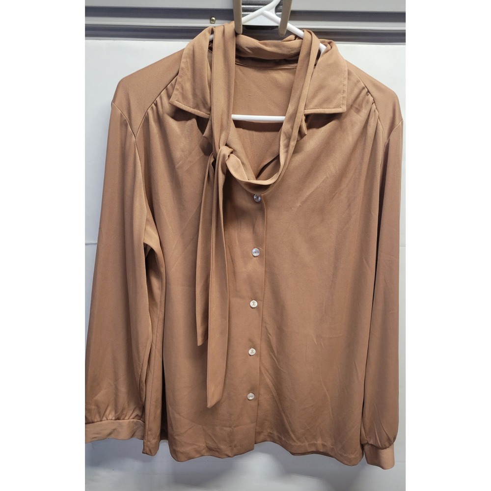 Vtg handmade Womens Tan Button Up Long Sleeve Tie Neck Blouse Top Size Medium